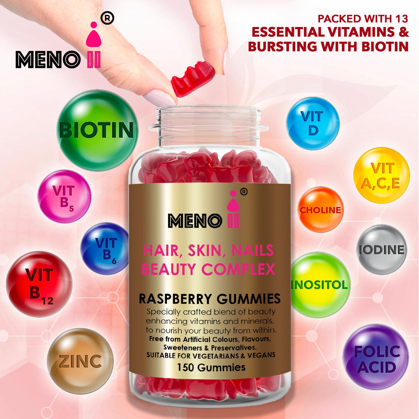 Meno® Hair, Skin & Nails Beauty Raspberry 150 flavoured gummies.