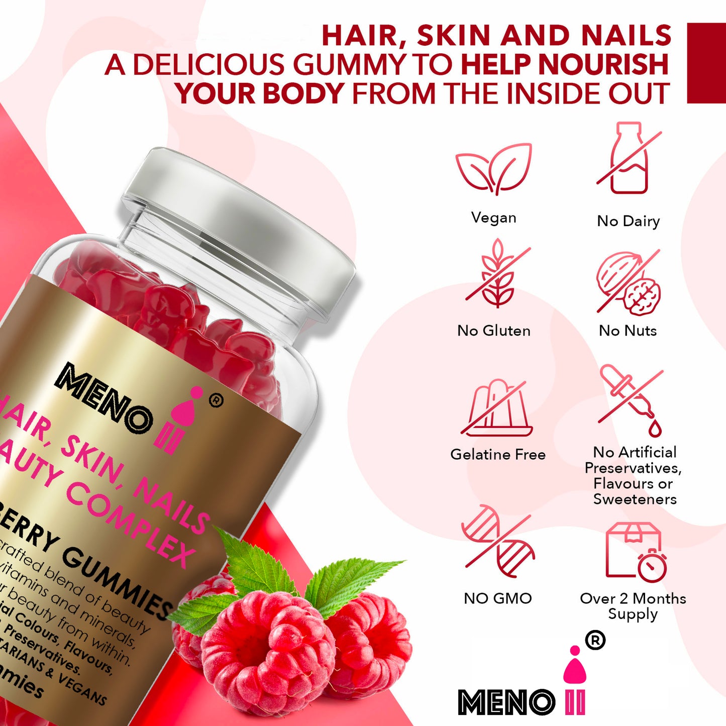 Meno® Hair, Skin & Nails Beauty Raspberry 150 flavoured gummies.