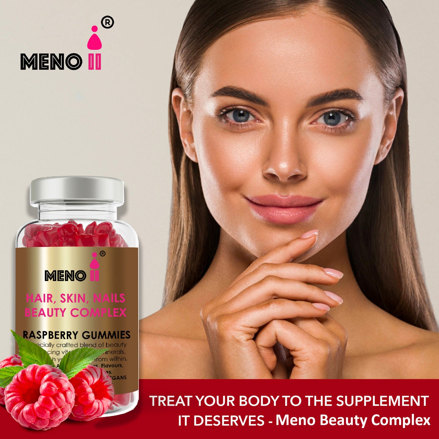 Meno® Hair, Skin & Nails Beauty Raspberry 150 flavoured gummies.