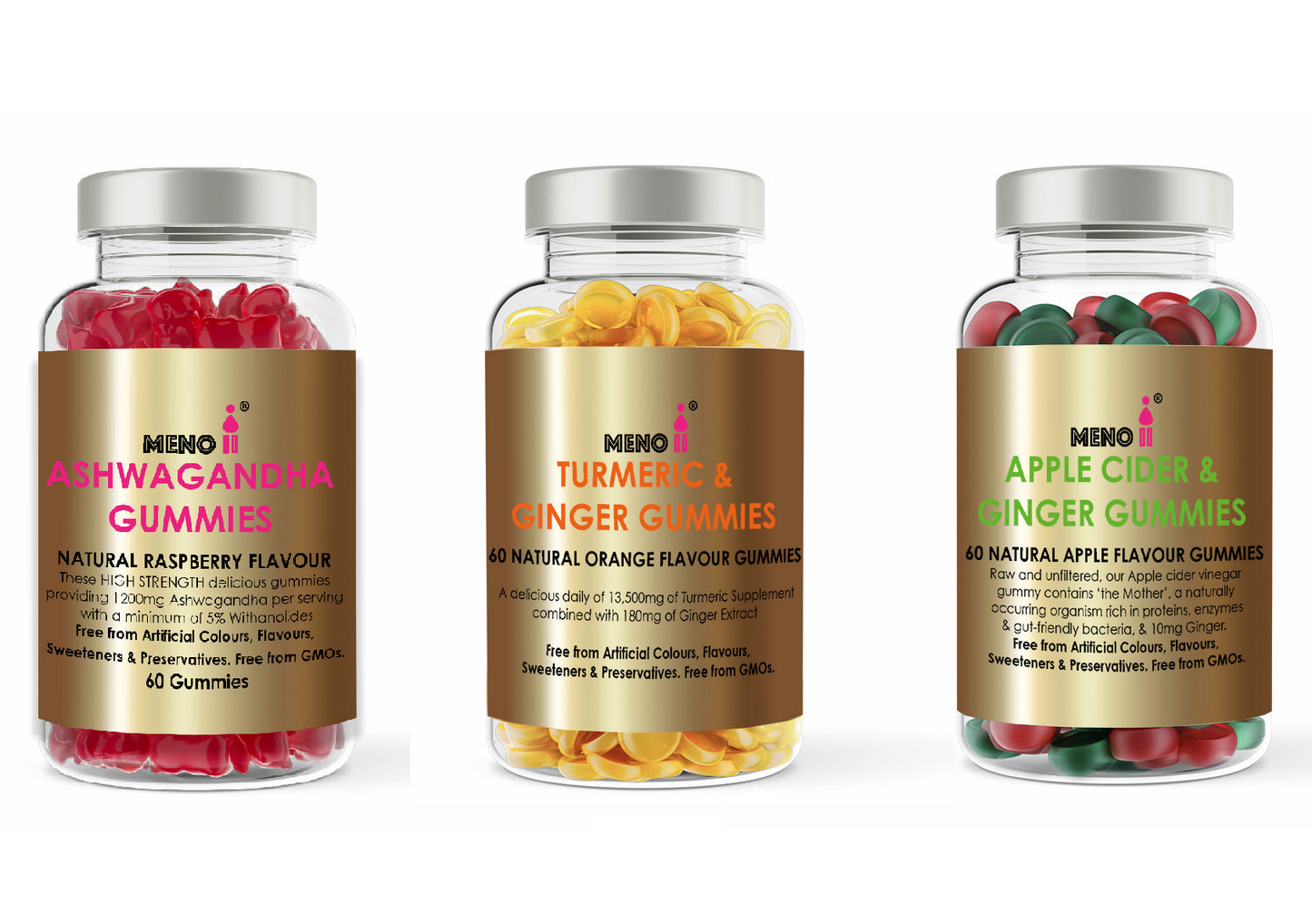 ★ BUNDLE  PACK OF 3 GUMMIES ★ - Meno® Apple Cider Vinegar & Ginger, Ashwagandha & Turmeric & Ginger Gummies pack