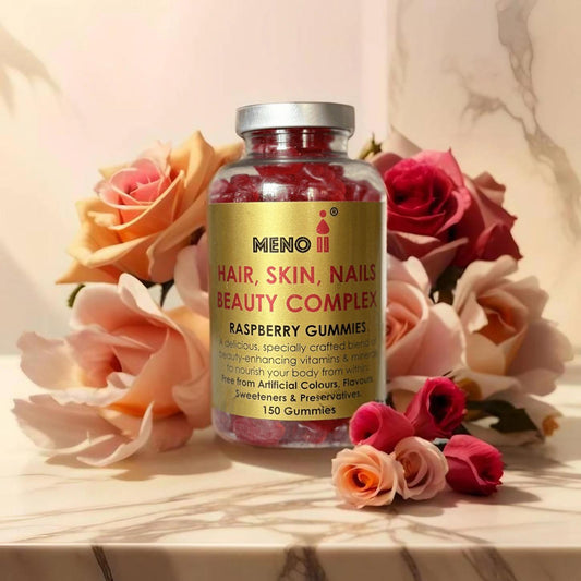 Meno® Hair, Skin & Nails Beauty Raspberry 150 flavoured gummies.